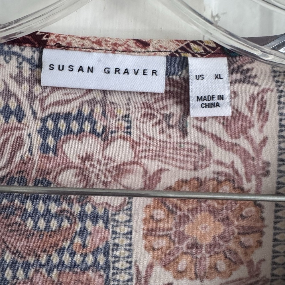 Susan Graver Tunic Top Blouse Women Sz XL Peasant Liquid Knit Floral Patchwork - Picture 4 of 9